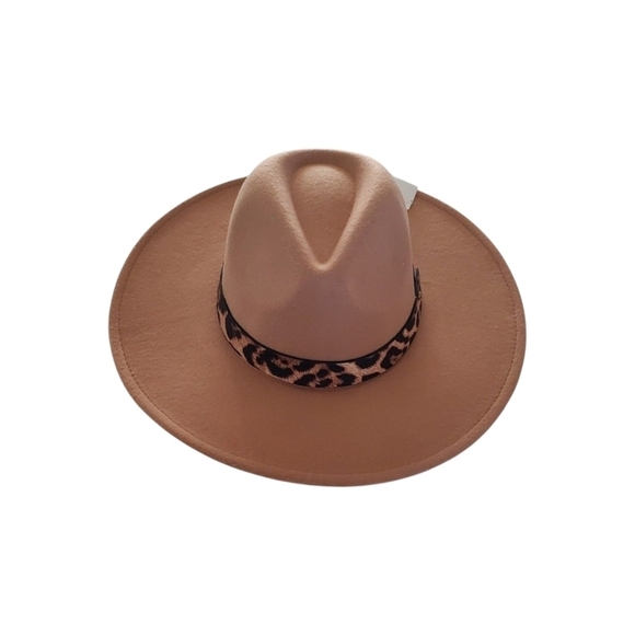 Avenue Zoe Accessories - Avenue Zoe Tan Camel Fedora Hat With Leopard Band Wide Brim Boho Western NWT
